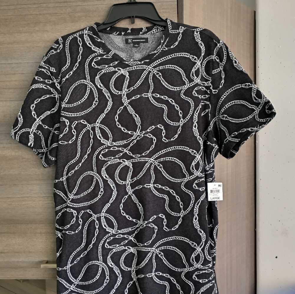 INC Men's T-Shirt Black/White Chain Design Large